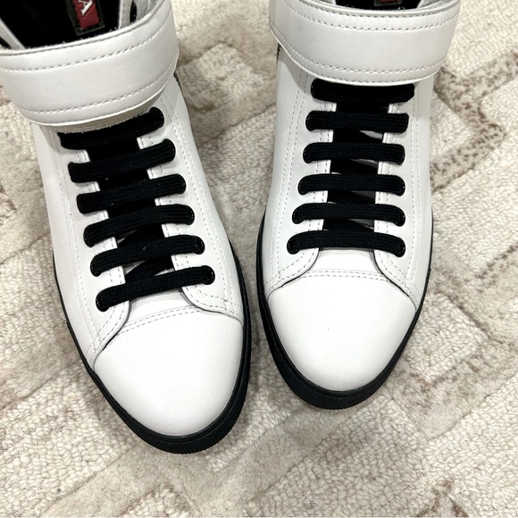 NIB Authentic Prada Nappa Sports Laceup High Top Leather Sneakers White 38 - Picture 2 of 11